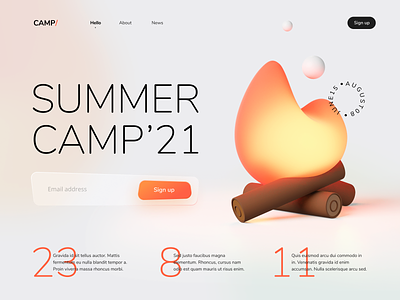 Summer Camp 3d blender bonfire camp design illustration landing page sign up summer ui web website