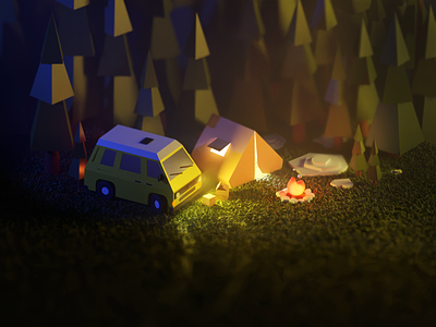 Night camp 3d 3d modeling blender bonfire camp car forest illustration volkswagen