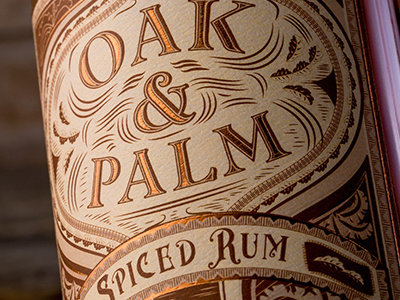 Oak & Palm Spiced Rum copper foil gold foil label design liquor label oak palm spiced rum