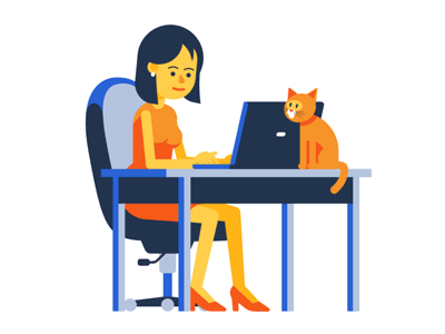 Woman chatting online. Girl with laptop sitting at table. animation cartoon cat character chat chatting computer flat girl internet laptop online people remote remote work sitting woman work working workspace
