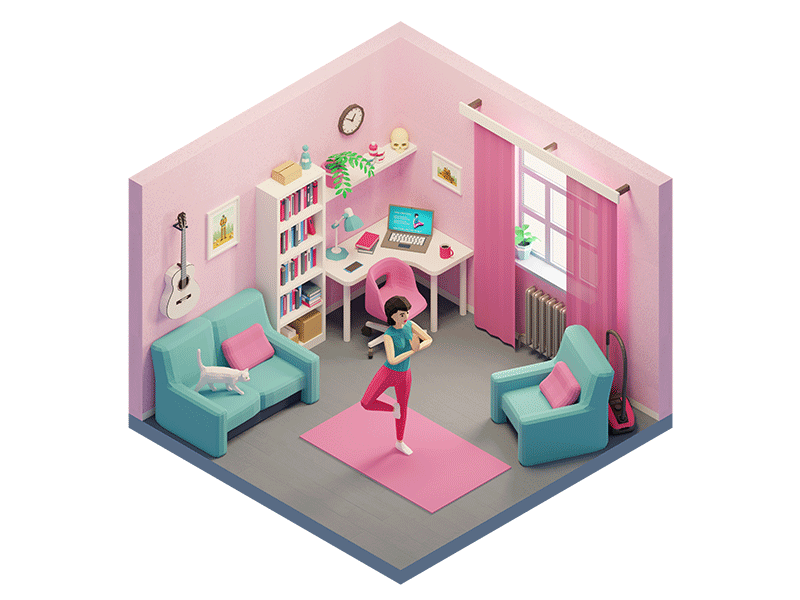 Home yoga - woman doing exercises in her room 3d blender3d exercise gymnastic home home yoga interior isometric low poly lowpoly online pink posture room stretching woman workout workplace yoga