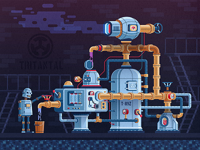 Steampunk industrial machine with pipes and robot