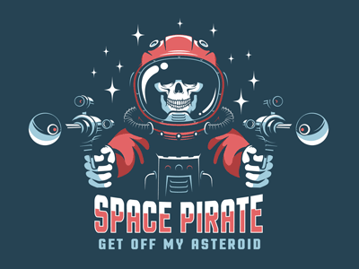 Space pirate with laser guns adventure astro astronaut authentic blaster cosmic cosmos fantastic galaxy helmet logo pirate print retro space space pirate spacesuit stamp t shirt vintage