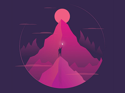 Journey gradients light mountains shapes torch traveler