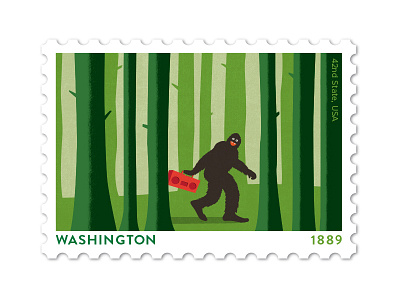 Washington Stamp bigfoot boom box design forrest illustration philately stamp vector