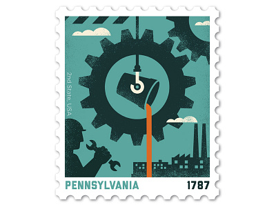 Pennsylvania Stamp design factory flat gears illustration philately retro stamp steel vector