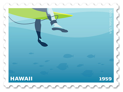 Hawaii Stamp design fish illustration ocean philately vector stamp surfing