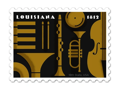 Louisiana Stamp bass clarinet cymbal deco design illustration philately piano stamp sticks trumpet tuba