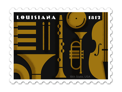 Louisiana Stamp bass clarinet cymbal deco design illustration philately piano stamp sticks trumpet tuba