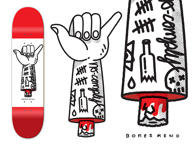 Bones Mend blood bone bottle design illustration no comply shaka skateboard skull