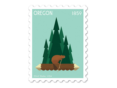 Oregon Stamp beaver design forrest illustration philately vector stamp trees water