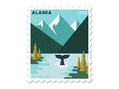 Alaska Stamp design flat illustration mountains ocean philately vector snow stamp trees whale