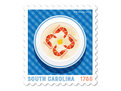 South Carolina Stamp design gingham grits illustration philately shrimp south carolina vector