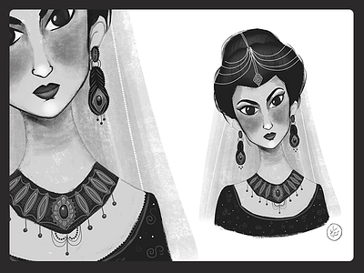 Digital painting - Girl in B&W digital girl jewelry painting