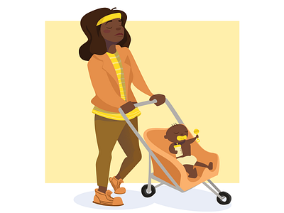 Soccer Mom baby cartoon character illustration mom orange stroller warm
