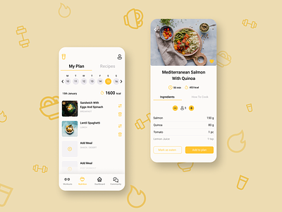 Mobile App for Nutrition & Workout app design fitness food meal mobil nutrition recipe ui workout yellow