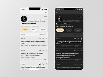 User Profile for #DailyUI app black dark design elegant light minimalism mobil network profil ui user white