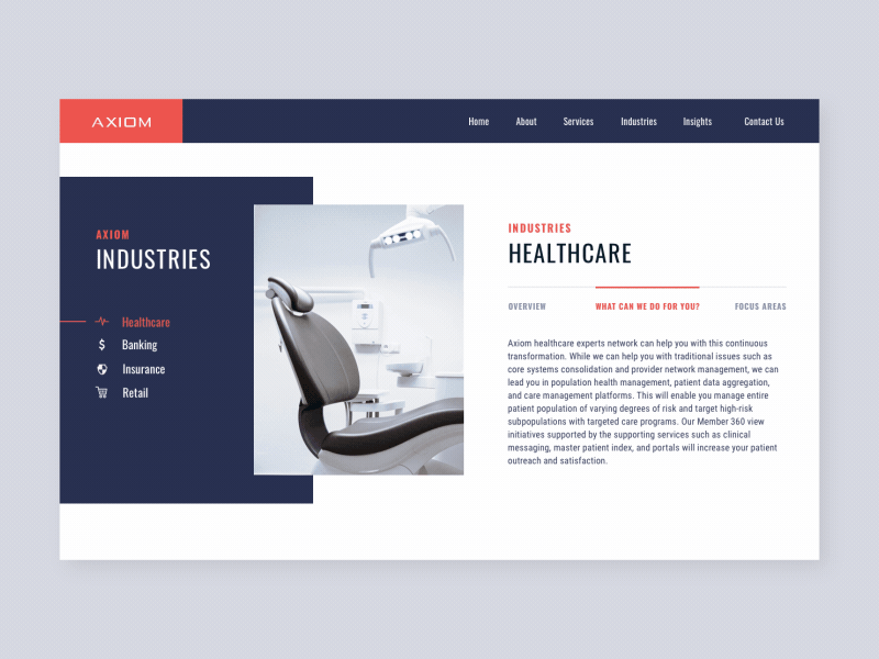 Axiom animation banking corporate healthcare industries landing website