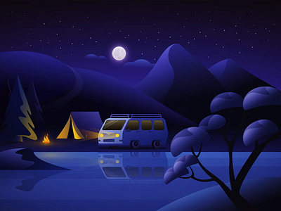 Lake Camping camp camping design forest forests game game art illustration island islands lake night nightcamp nightlife van vanlife vector