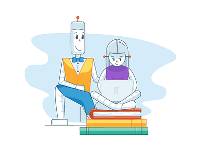A new way to study app illustration books character computer education female character male character robot robots student teacher website illustration