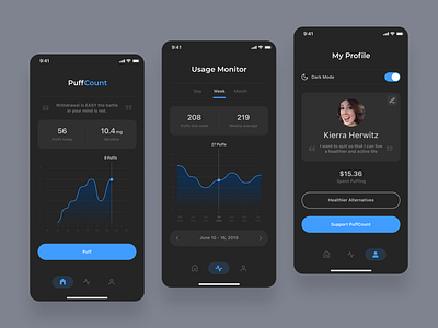 UI Design for a Quit Vaping App app appdesign dark darktheme darkui graphs ios nicotine tracking uidesign vapetracking vaping visualdesign