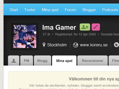 User profile for gaming community avatar community gaming menu profile tabs user