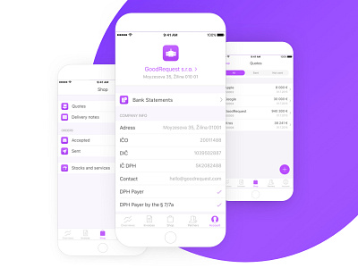Shop, Account and Quotes screens from iKros - Free invoicing app
