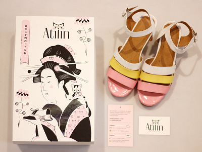 Packaging Shoes Box for "Atilin" box shoes business card cute fashion girl shoes illustration japanese style kawaii packaging shoes tag ukiyo e