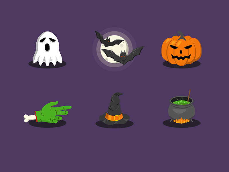 It's almost Halloween! purple scary potion hand icons flat hat witch bats pumpkin ghost halloween