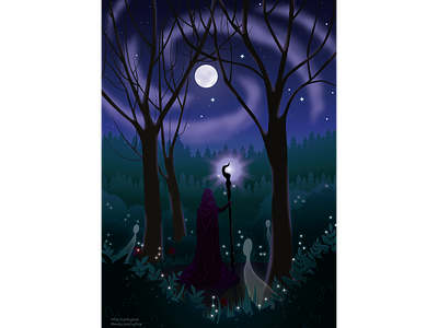 Magic book illustration fantasy forest illustration magic moon mystery night stars typography