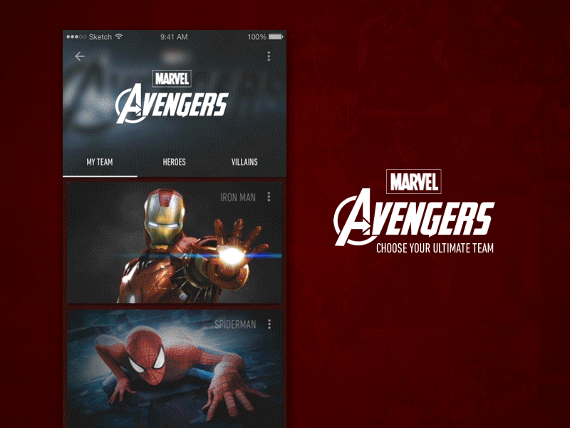 Marvel Avengers Animation android avengers cards comic interaction ios marvel materialdesign menu tabs ui ux