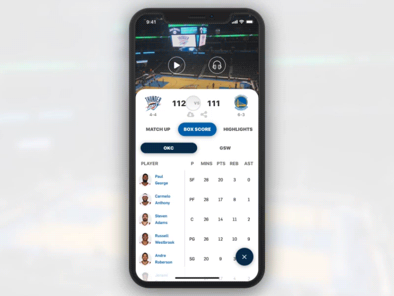 NBA app redesign - Pull-to-close animation