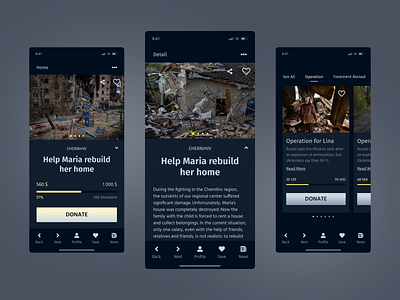 Mobile App. Main Page. app blue buttom charity dark dark background description design donation figma finaly results help main page mobile product card ui ukraine ux ux design yellow