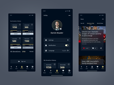 Mobile App. Profile Page. News Page. blue dark background design donation history gray mobile application news page notification profile settings share ui ukraine ux yellow