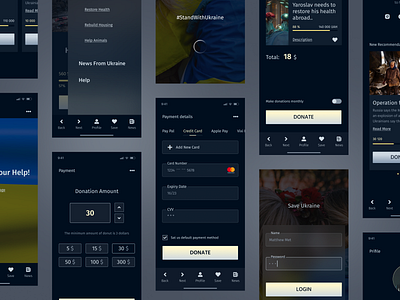 Mobile App to help Ukrainians black background blue design donation gray mob mobile product page ui ux yellow accent