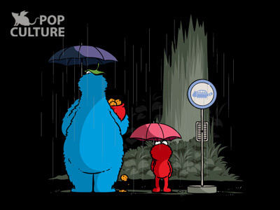 FM Pop Culture 003 - Waiting For The Bus anime art catbus cookies monster cute design flying mouse flying mouse 365 funny illustration japan lol movie pop culture sesame street t shirt tee totoro witty