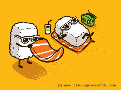 Summer Sushi art beach chow hon lam cute design flying mouse flying mouse 365 funny holiday illustration japan japanese food lol summer sun sushi t shirt tee witty