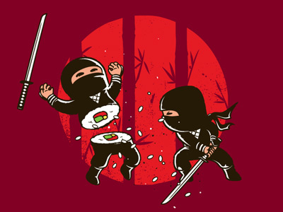 Sushi Victory art character design chow hon lam comic cute design fighting flying mouse flying mouse 365 funny illustration japan japanese food lol ninja samurai sushi sword t shirt tee victory witty