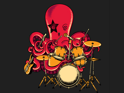 Octoband art band chow hon lam concert.guitar cute design drum flying mouse flying mouse 365 funny illustration kiss lol music octopus rock rock and roll t shirt tee witty