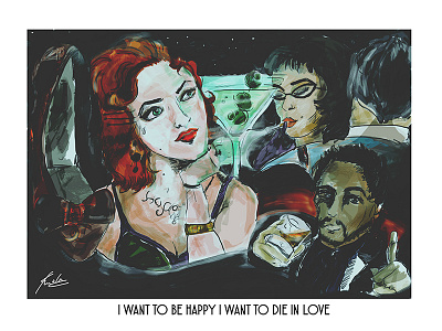 I want to be happy, I want to die in love 1940 digital illustration martini retro