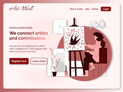 DailyUI 003 - Landing Page for Art-Work 003 artist artistic assignment challenge dailyui design figma header illustration job jobsearch pink ui ux website