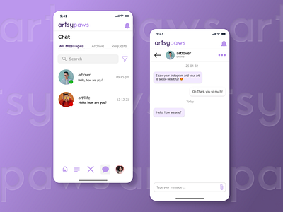 DailyUI 013 - Direct Messaging in artsypaws app challenge chat dailyui design figma message messaging mobile ui ux