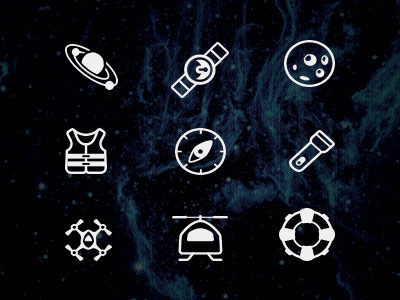 Space Icons compass flash light flight floatie helicopter icons life jacket moon planet quadcopter satellite space