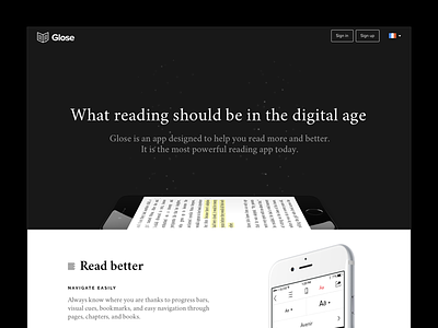 Glose Features landing page app black and white features landing page ui