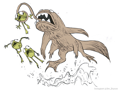 Beaverfish attacks some frogs animation art beaverfish character creature design drawing illustration pen sketch sketchbook