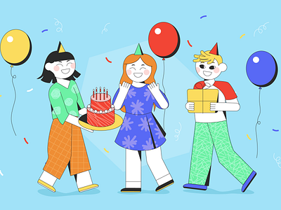 Happy Birthday! balloons birthday bold colors cake digital illustration flat colours flat design flat illustration graphic design happy illustration party people vector vector art vector illustration vibrant