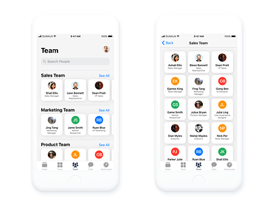 Team and Team Details screen iOS design avatar card ios ios 11 iphone mobile people team user