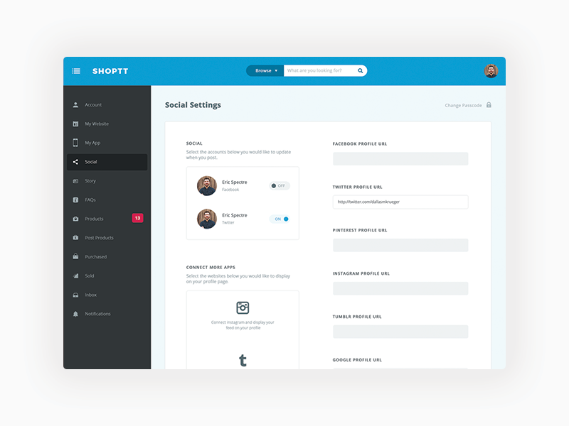 Shoptt Dashboard Design admin panel blue dashboard e commerce startup user experience user interface