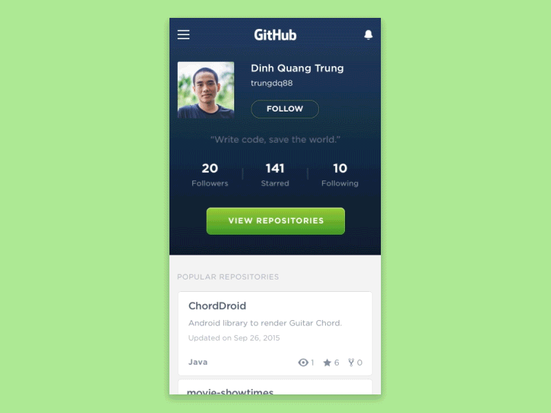 Github Social App Concept (Animation) animation app concept design github interface mobile principle progressive web react ui ux