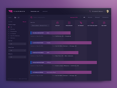 Trackinglist dark ui dashboard logistic progress sketch ui web design